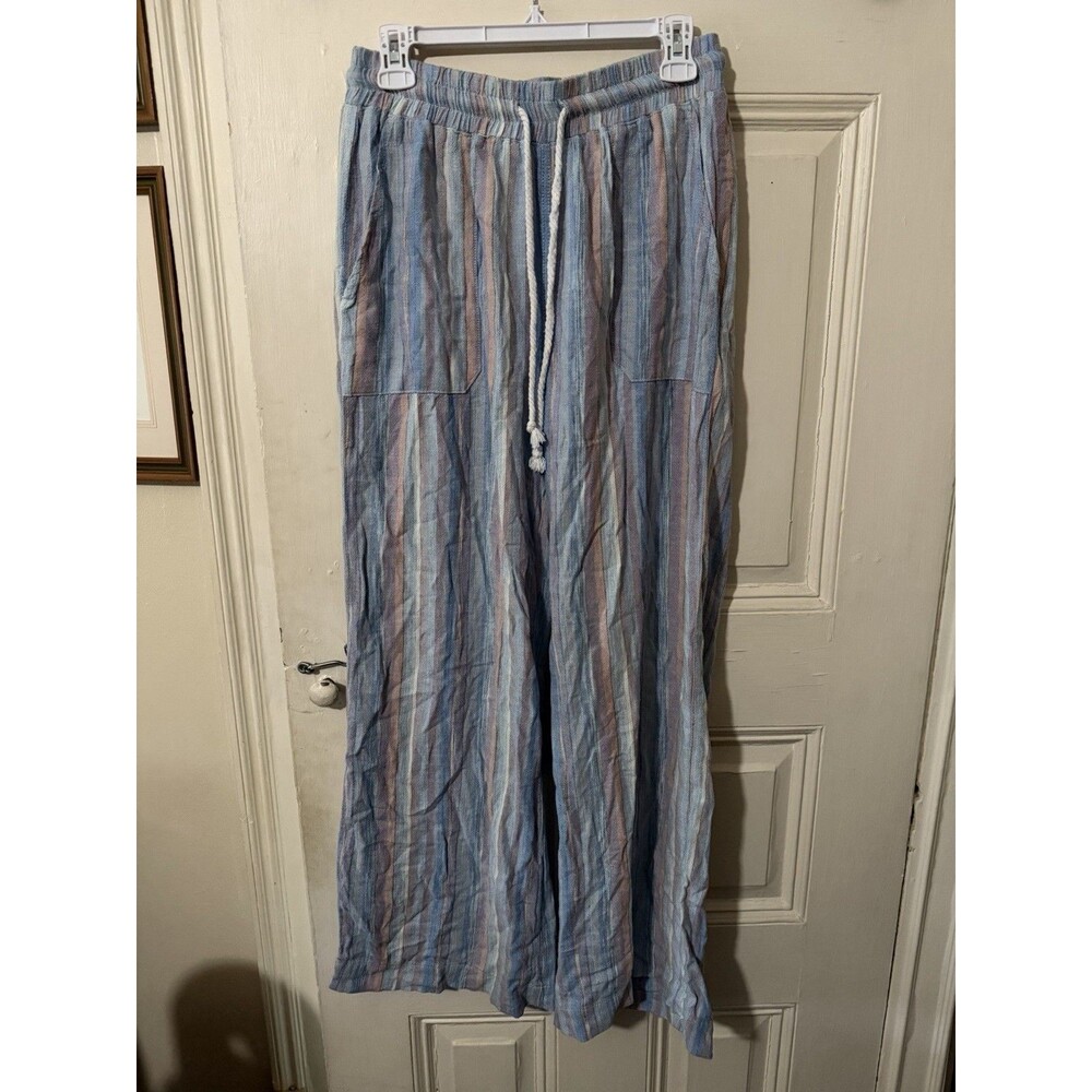 Indigo Rein Linen Blend Wide Leg Pants Striped Blue Pink Size Large